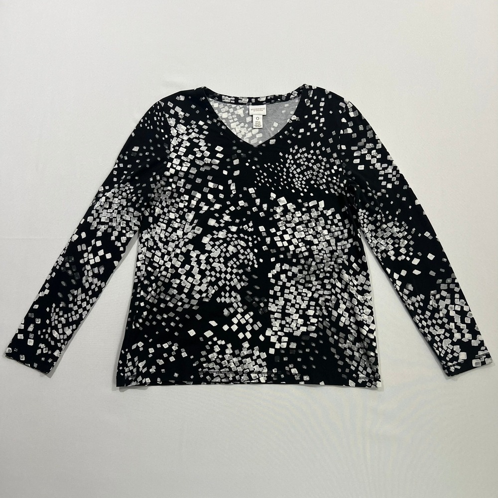 Weekends by Chico's Top‎ V-Neck Geometric Square Print Black White Womens 0 US S